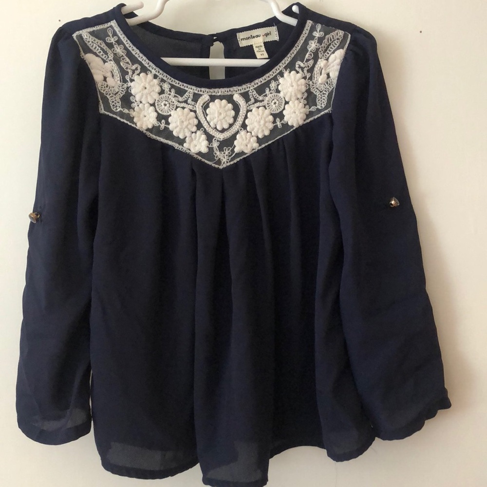 NWOT Girls Navy Blouse w/white embroidery size 4T